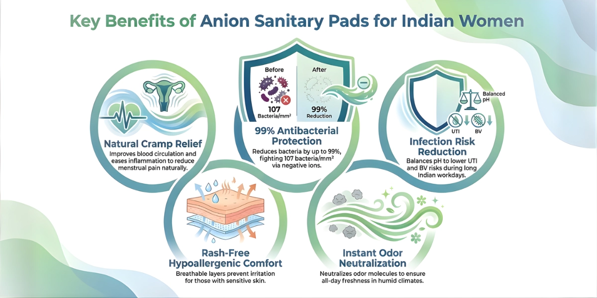 Key benefits of anion chip sanitary pads infographic