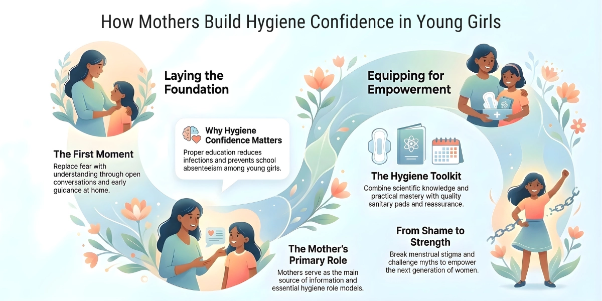 in this infographic, we are mentioned how mother build hygiene confidence in young girls from the starting age.