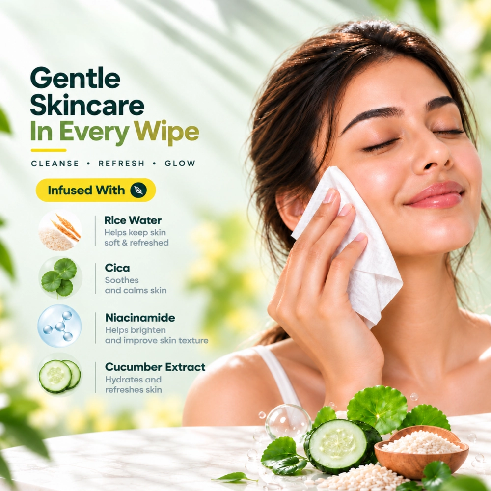 Premium Korean Glow Face Wipes With Rice Water, Cica, Niacinamide & Cucumber Extract - Image 3