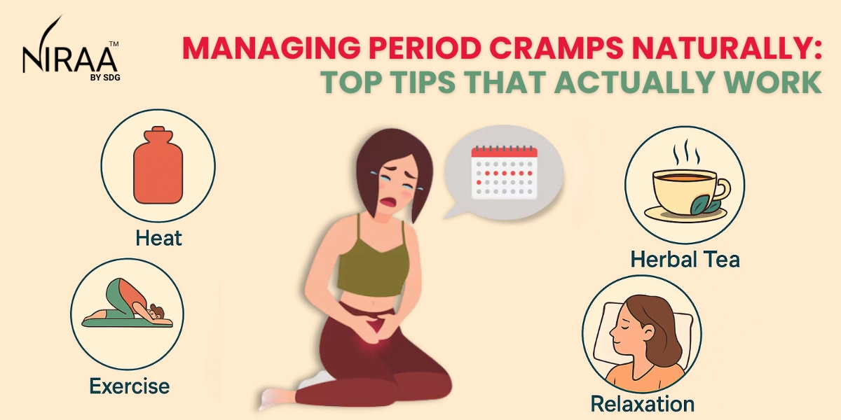 Infographic showing a woman with period cramp and four natural remedies: heat, exercise, herbal tea, and relaxation for managing cramps naturally.