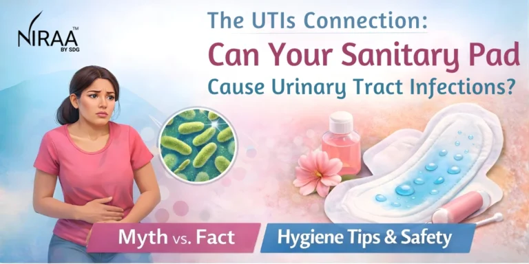 A concerned woman holds her stomach beside images of bacteria, a sanitary pad, and a bottle, with text discussing if sanitary pads can cause urinary tract infections.